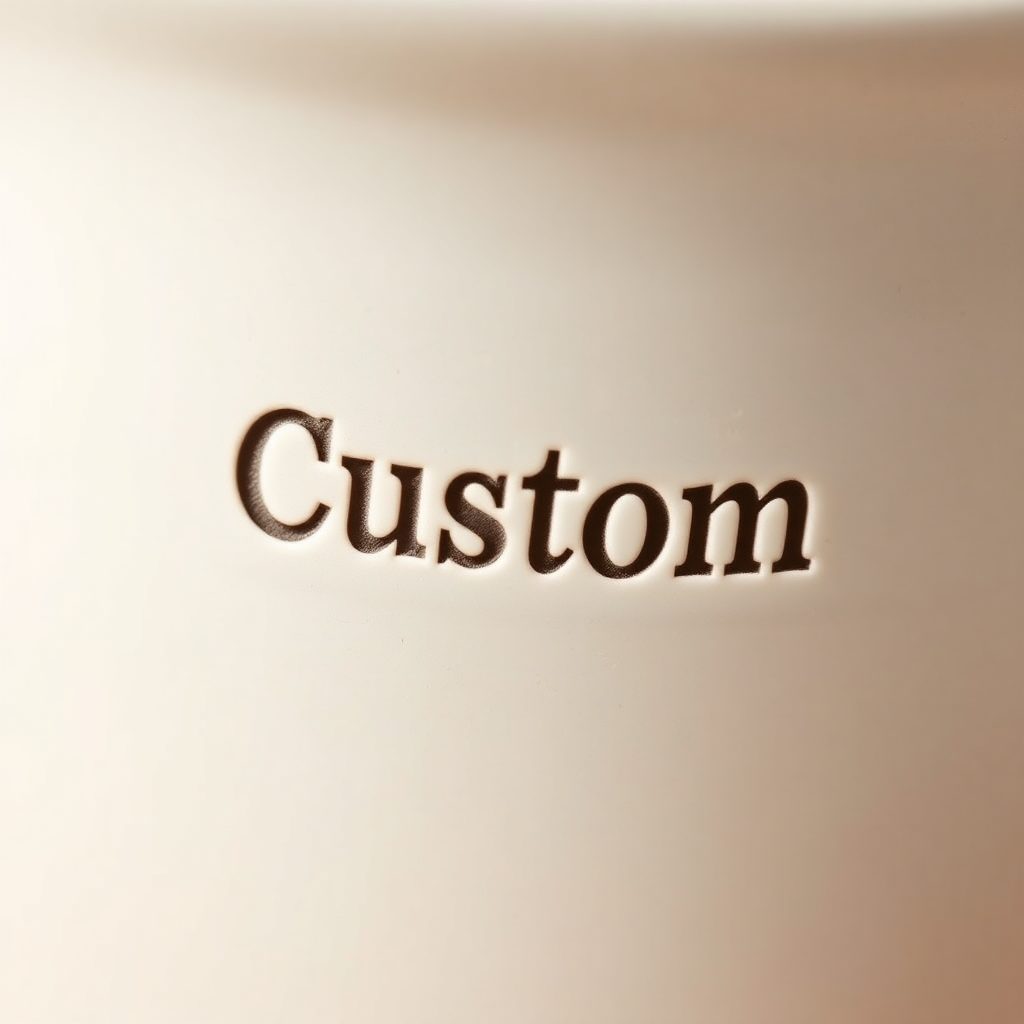 Close up of a ceramic mug showing custom typography engraved into the clay, high detail, clean minimalist style.