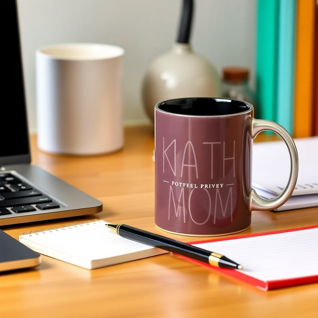 Professional yet warm desk setup with a customized mug, notepad, and pen, corporate gifting theme.