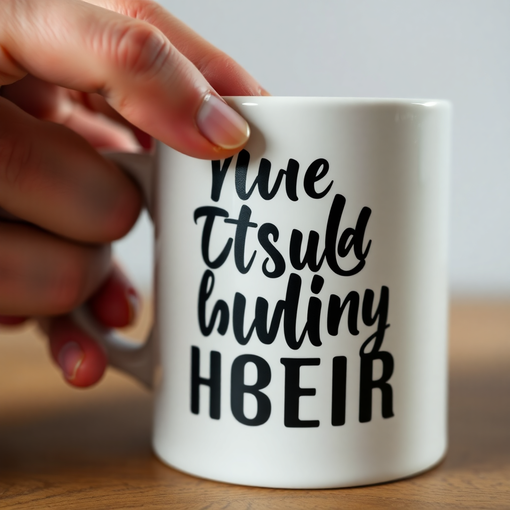 Close up of custom typography being printed onto a matte white mug