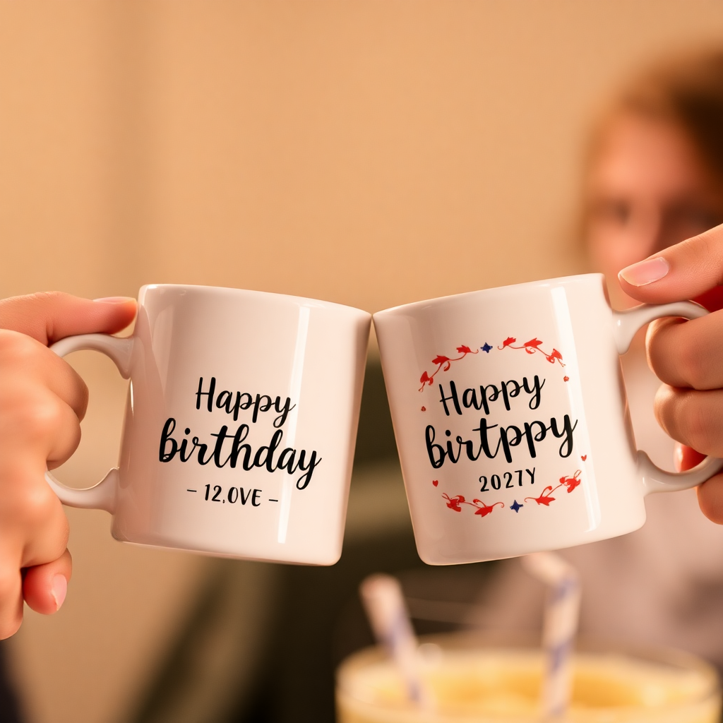 A lifestyle shot of two customized ceramic mugs clinking together in a celebratory toast, soft background lighting, birthday party vibe.