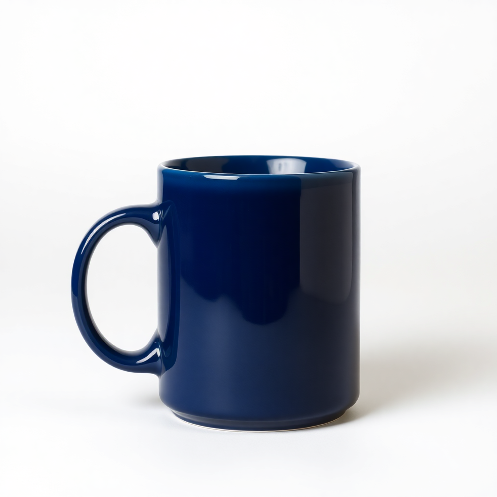 Premium ceramic mug, glossy navy finish, clean studio lighting, isolated on white background