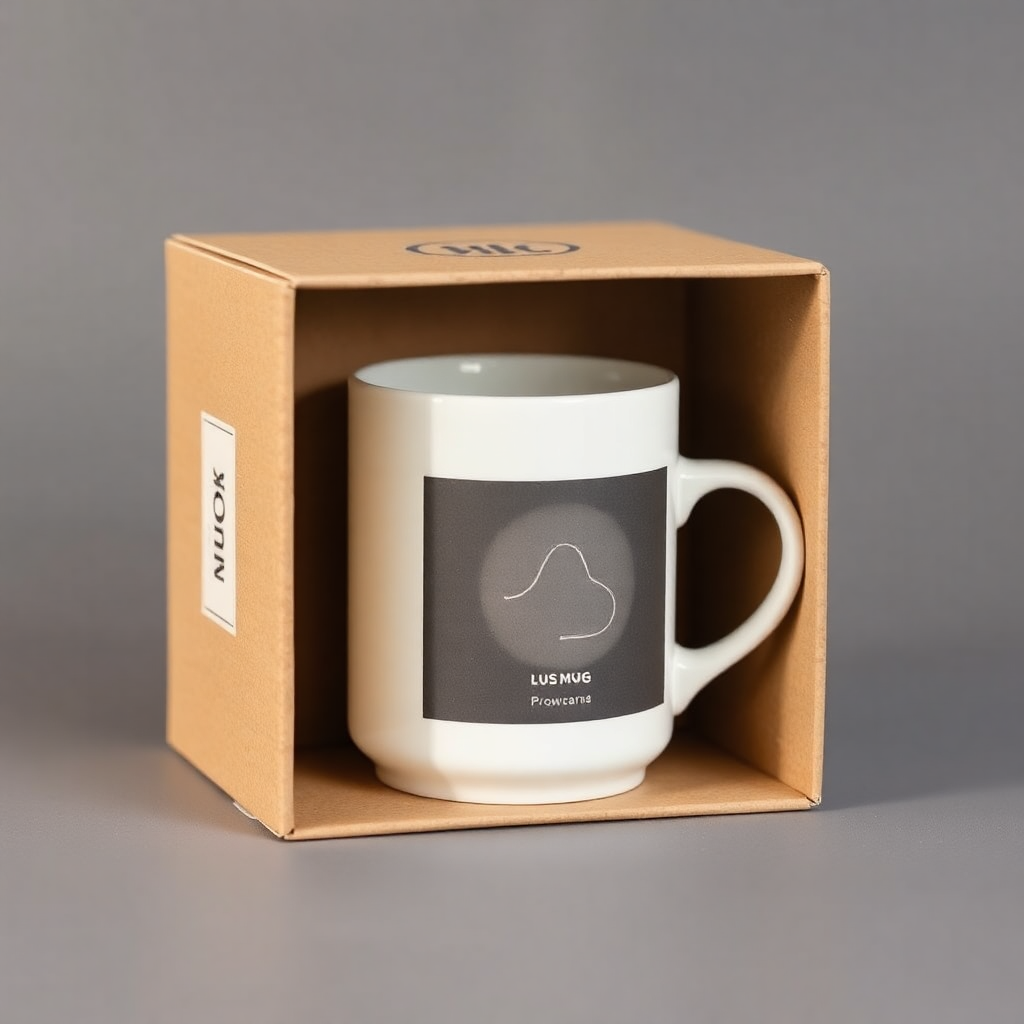Beautifully packaged mug in eco-friendly cardboard box with minimal branding