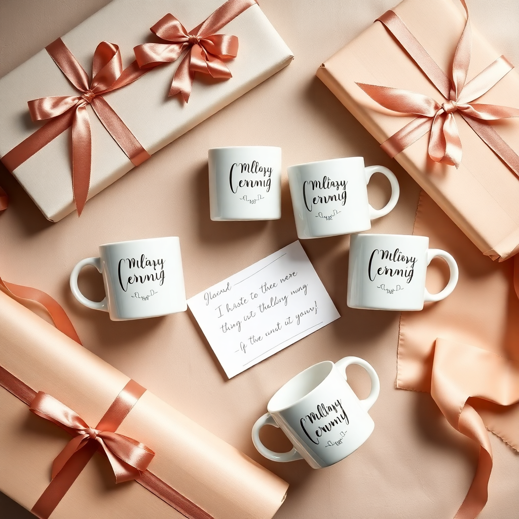 A beautifully styled flat lay of customized ceramic mugs presented as gifts, surrounded by elegant wrapping paper, ribbons, and a handwritten card. Soft natural lighting, premium aesthetic.