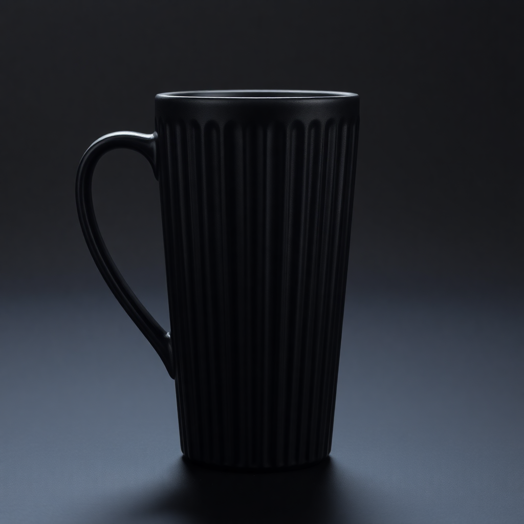 Tall latte mug, ribbed texture, matte black, studio lighting