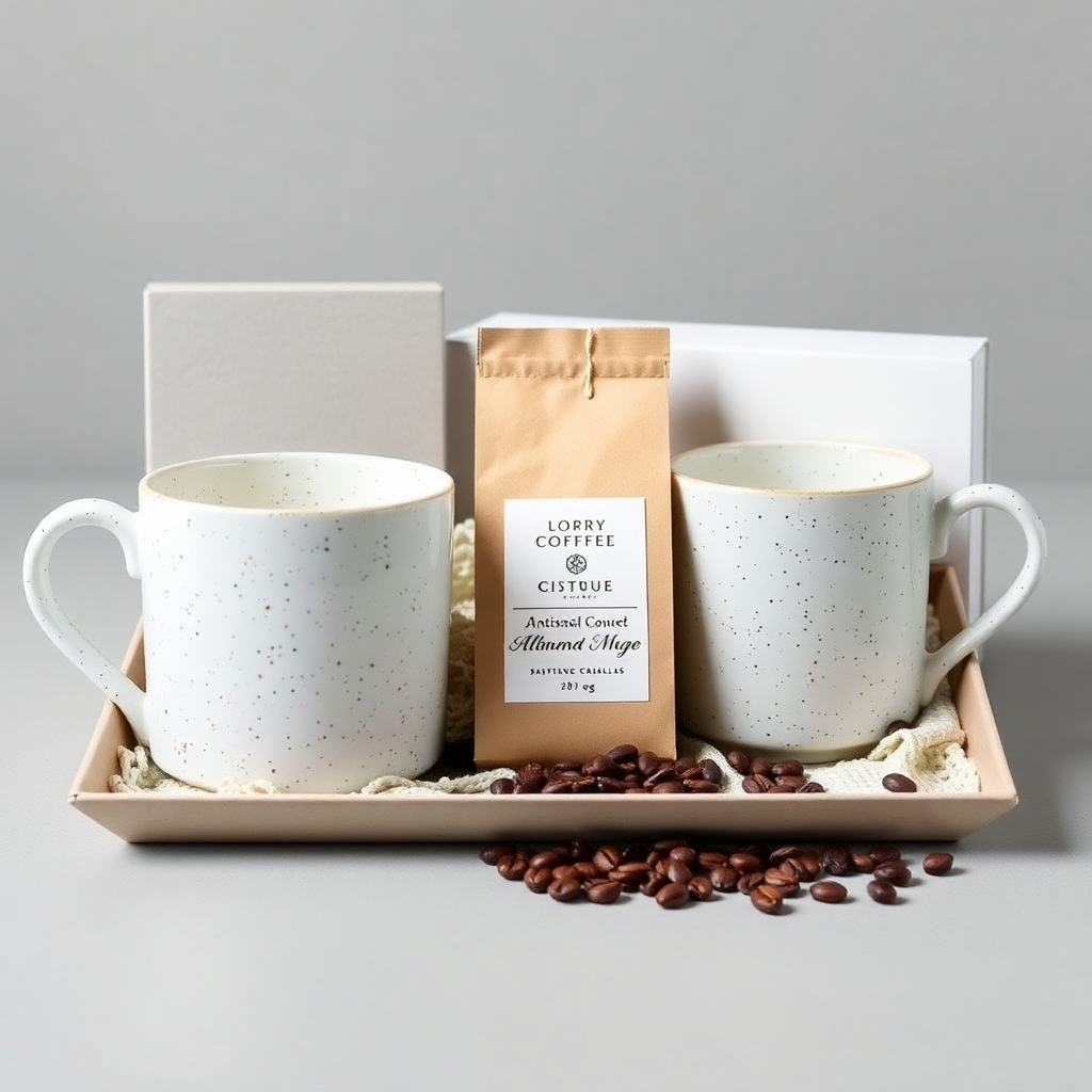 A beautifully arranged gift set containing two matching speckled ceramic mugs, a bag of artisanal coffee beans, and a minimalist gift box.