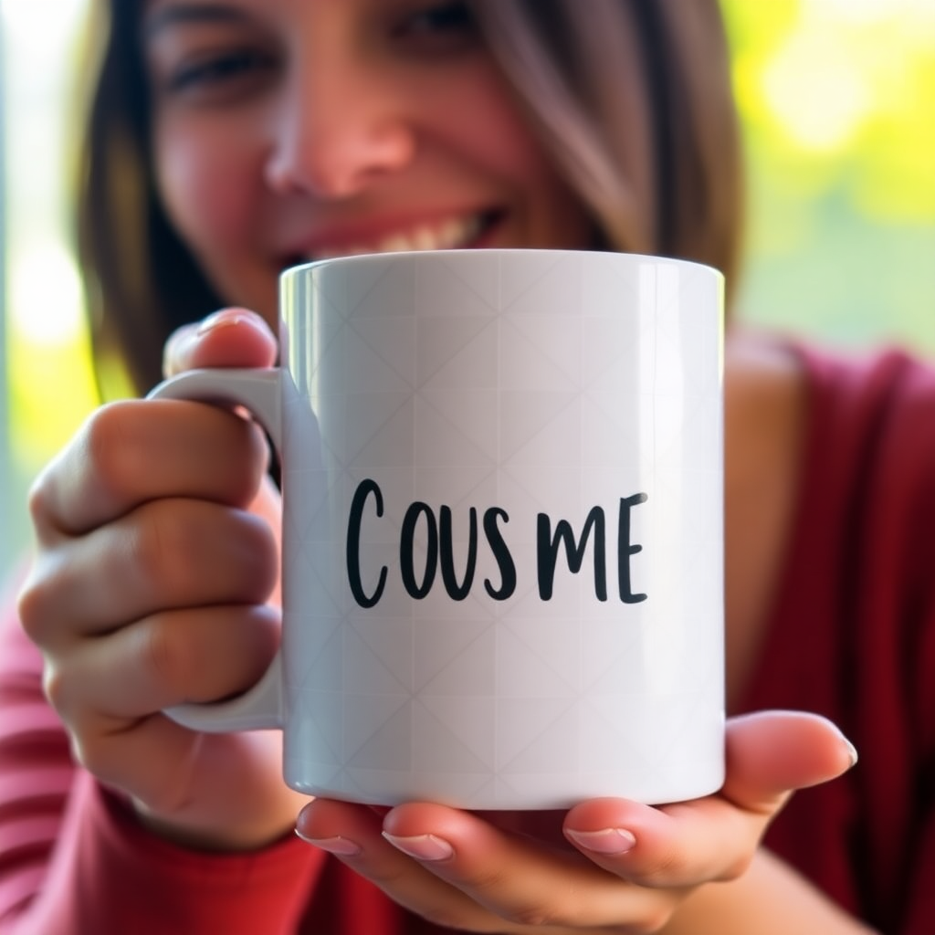A person holding a customized mug with a unique geometric pattern, smiling, warm lighting.