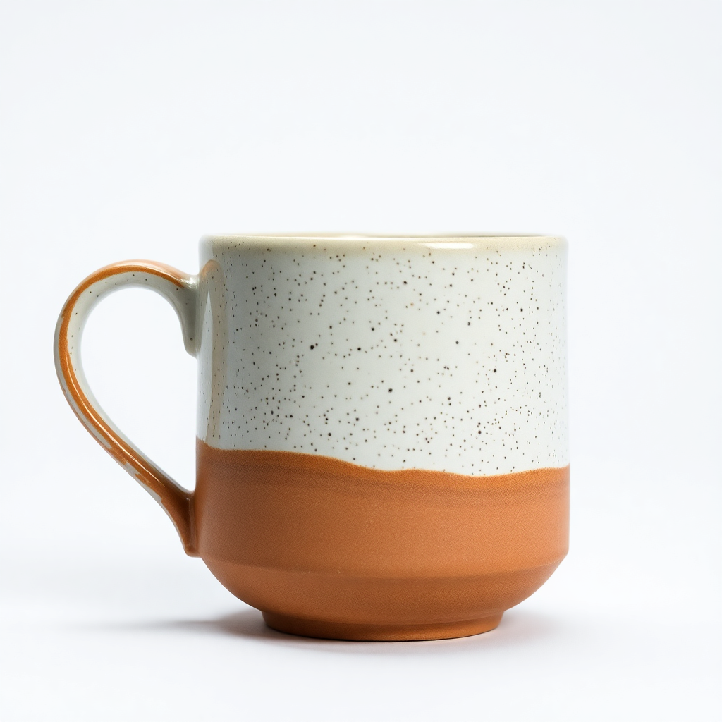 Speckled ceramic mug, natural clay bottom, studio lighting