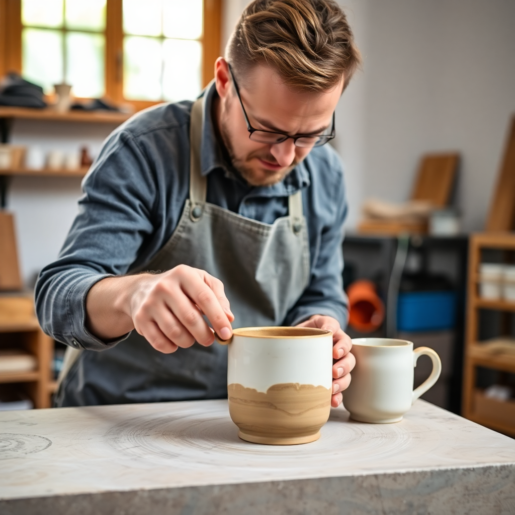 Artisan carefully inspecting a freshly fired ceramic mug in a bright studio