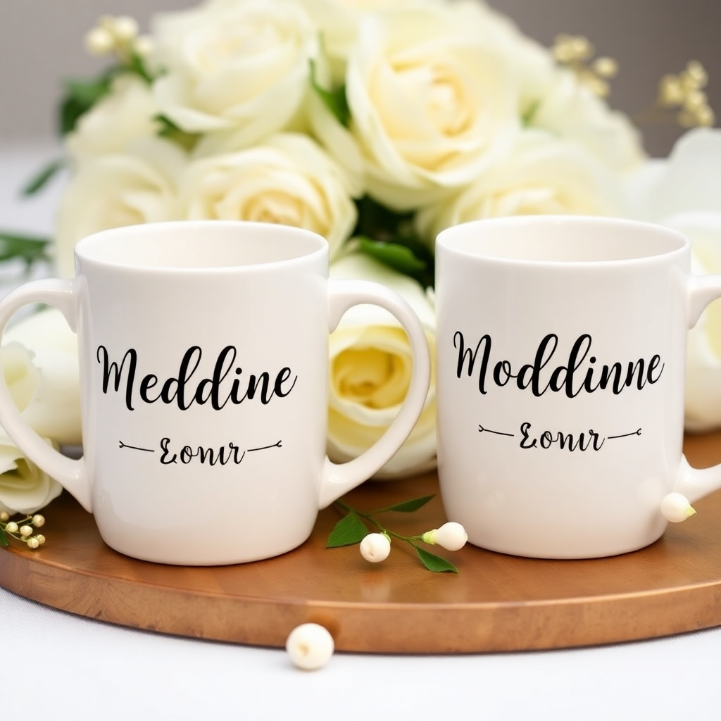 Elegant wedding themed photo with two customized matching mugs, soft floral arrangements, white and gold aesthetic.
