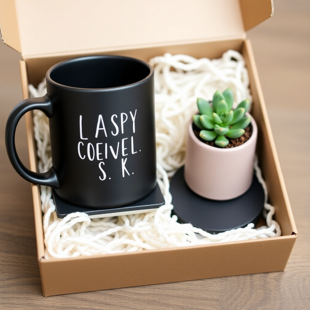 A cozy gift set with a matte black custom mug, a matching coaster, and a small potted succulent in a premium box.