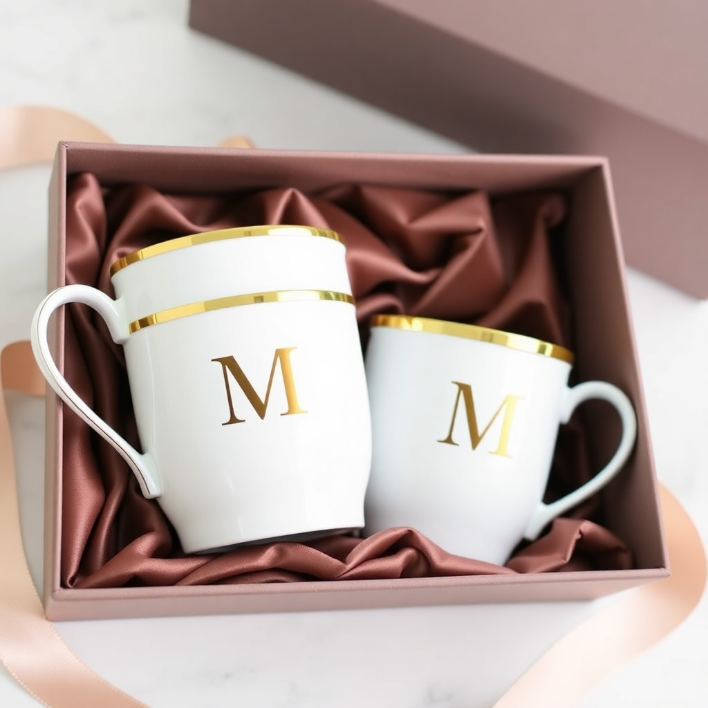 A luxurious wedding gift set featuring two elegant white and gold rimmed mugs, customized with initials, presented in a velvet-lined box.