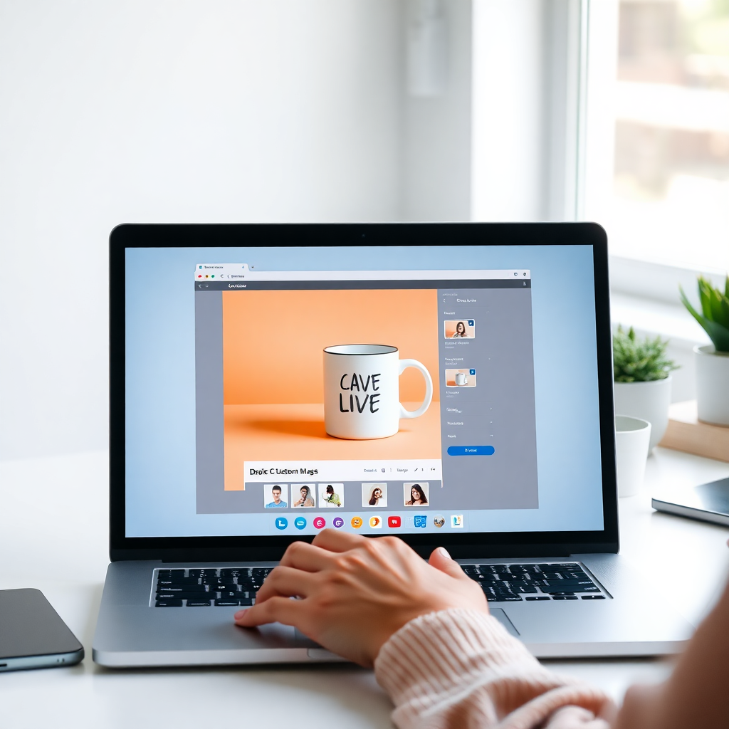 Person using a laptop to design a custom mug on a clean website interface, bright workspace