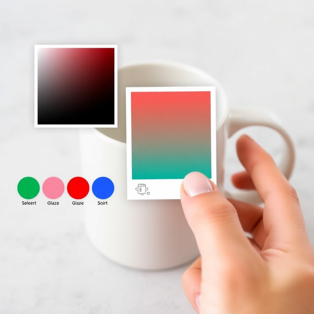 A hand selecting a glaze color swatch from a beautifully designed UI interface overlaid on a mug image.