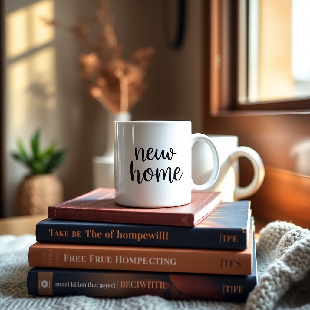 Cozy new home setting with a customized mug resting on a stack of books near a window, warm sunlight, housewarming theme.