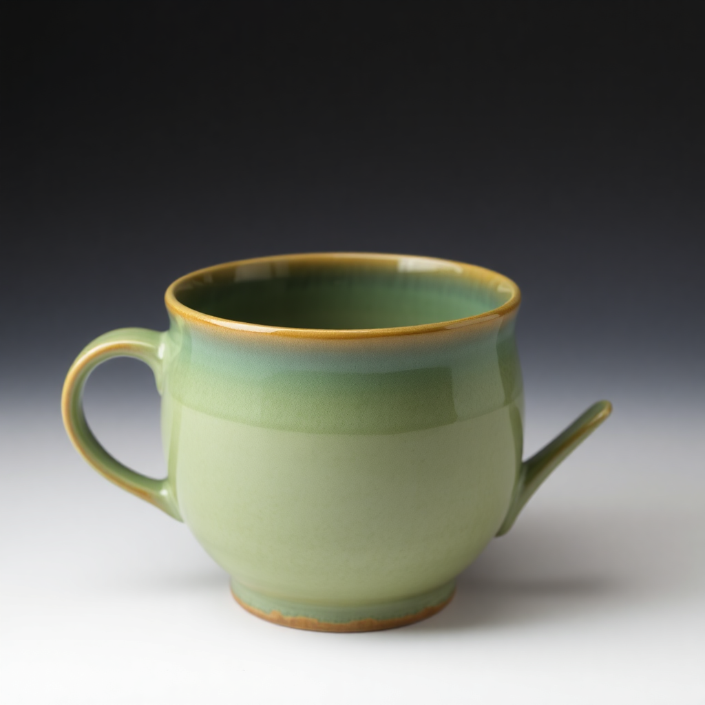 Large soup mug, wide handle, sage green glaze, studio lighting