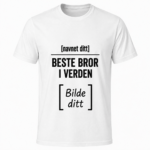 Personlig hvit T-skjorte med teksten Beste bror i verden og plass til eget navn og bilde