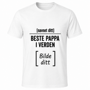 Personlig hvit herre T-skjorte med valgfritt navn og eget bilde. En stilren og personlig gave til pappa – perfekt til bursdag, farsdag eller som en hyggelig overraskelse.