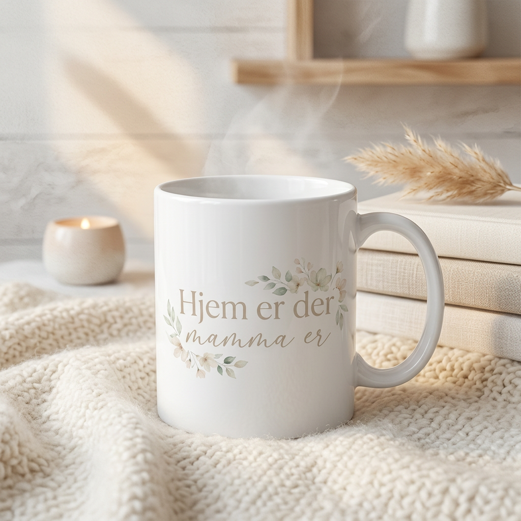 Minimalistisk premium krus med teksten “Hjem er der mamma er” i varm nordisk stil