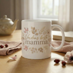 Personlig kaffekopp med blomsterdesign og teksten Verdens beste mamma