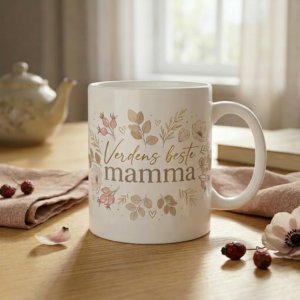Personlig kaffekopp med blomsterdesign og teksten Verdens beste mamma