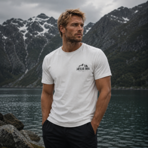 Hvit minimalistisk t-skjorte med nordisk mountain design og teksten JÆVLIG BRA i skandinavisk outdoor stil.