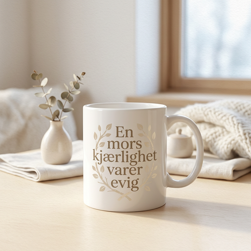 Minimalistisk premium krus med teksten “En mors kjærlighet varer evig” i varm nordisk stil
