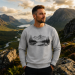 Premium lys grå crewneck med minimalistisk norsk naturmotiv foran dramatisk fjellandskap