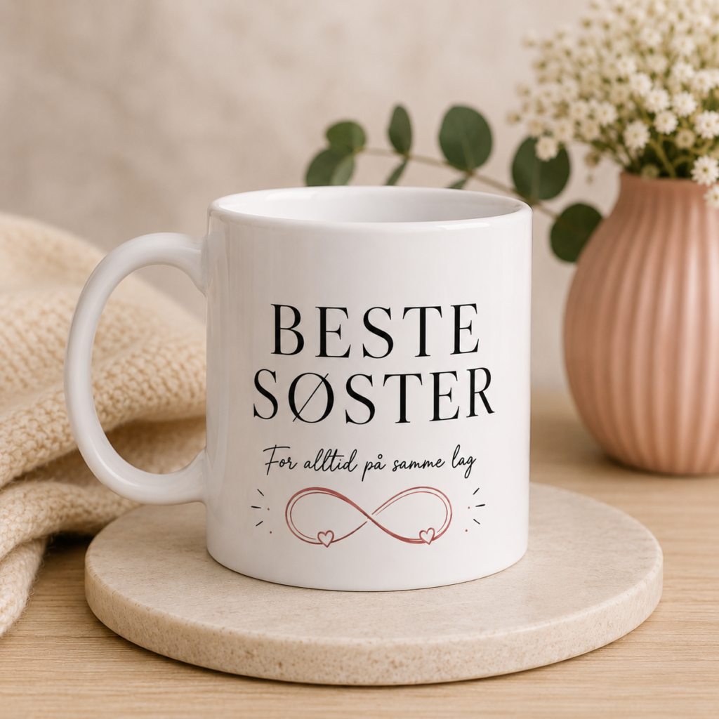 Søster krus med teksten Beste søster og For alltid på samme lag