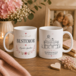 Produktbilde som viser front og bakside av bestemor krus med blomster og benkillustrasjon