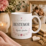 Bestemor krus med teksten Hjertet i familien og rosa blomster