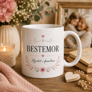 Bestemor krus med teksten Hjertet i familien og rosa blomster