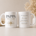 Produktbilde som viser front og bakside av Pappa familiens kompass krus