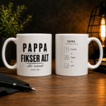 To krus som viser front og bakside av Pappa fikser alt design
