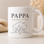 Pappa krus med teksten Fundamentet vårt og familie foran hus