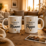 Krussett med Verdens beste Mamma og Verdens beste Pappa på forsiden